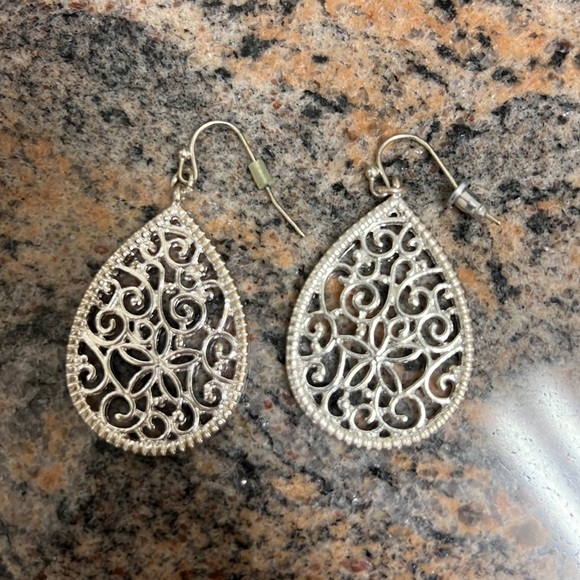 Silvertone Teardrop Dangle Earrings w/ swirly fun design throughout - Picture 2 of 6